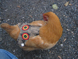 A chicken wearing a Custom Handmade Hen Saver Hen Apron/Saddle (Made in USA) for protection.