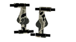 Two abstract camo-patterned shapes on white, partly hidden by black rectangles, echo the Birdy Bootie design, resembling a standing figure with a bulbous center and flat bases.