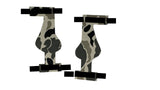 Two abstract camo-patterned shapes on white, partly hidden by black rectangles, echo the Birdy Bootie design, resembling a standing figure with a bulbous center and flat bases.