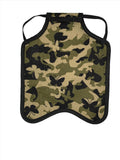 A bib with a camouflage pattern featuring butterflies, bordered with black trim, and equipped with black neck straps, perfect for chicken protection or as a stylish Hen Saver Hen Apron/Saddle (Made in USA).