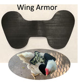 Image of a chicken wearing a piece of gray and camouflage-patterned protective gear labeled "Hen Saver Hen Apron/Saddle with Shoulder Protectors (Made in the USA)," with a close-up of the Hen Saver gear alone above the chicken.