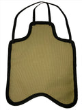 A beige rectangular mat with rounded edges, black trim, and two black straps extended upwards resembles a Hen Saver Hen Apron/Saddle (Made in USA). It lies on a plain white surface, offering potential feather protection for your birds.
