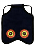 A dark blue Hen Saver Hen Apron/Saddle (Made in USA) with two circular target designs containing yellow, red, and black rings, featuring black straps and predator eyes detailing.