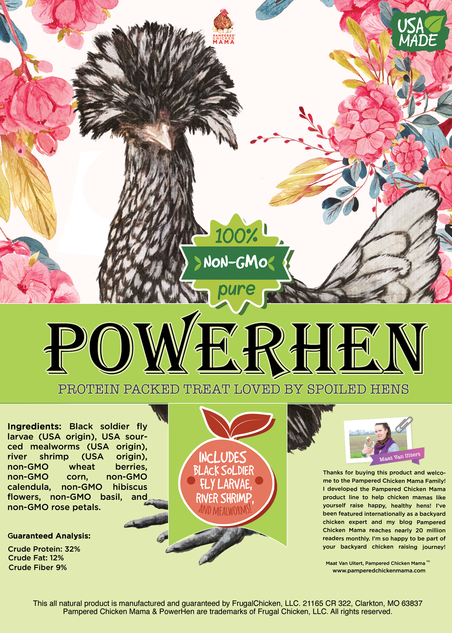 PowerHen (TM) High Protein Treat With Mealworms, Black Soldier Fly Larvae, & Herbs For Backyard Chickens