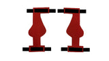Two red and black cutout shapes on a white background. Resembling the innovative Birdy Bootie (Made in USA), the shapes are symmetrical, each featuring a black strip on the top and bottom. It's as if these designs are blueprints for protective shoes for birds.