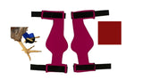 Image showing a bird's leg with a blue band, next to a pair of pink fabric braces with black straps, laid out flat. A solid maroon square is also present in the image, possibly indicating an area designed for injured feet or a Birdy Bootie (Made in USA).