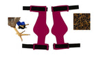 A bird's leg with a blue band, two pink leg braces with black straps, and a square piece of leopard-patterned fabric serve to create the ideal Birdy Bootie (Made in USA) for injured feet.
