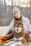 Aria the Fox Crimson Glow Waterproof Dog Leash by Crazy K Farm: Brown Husky with a stylish, durable leash & owner. Padded handle, secure clip!