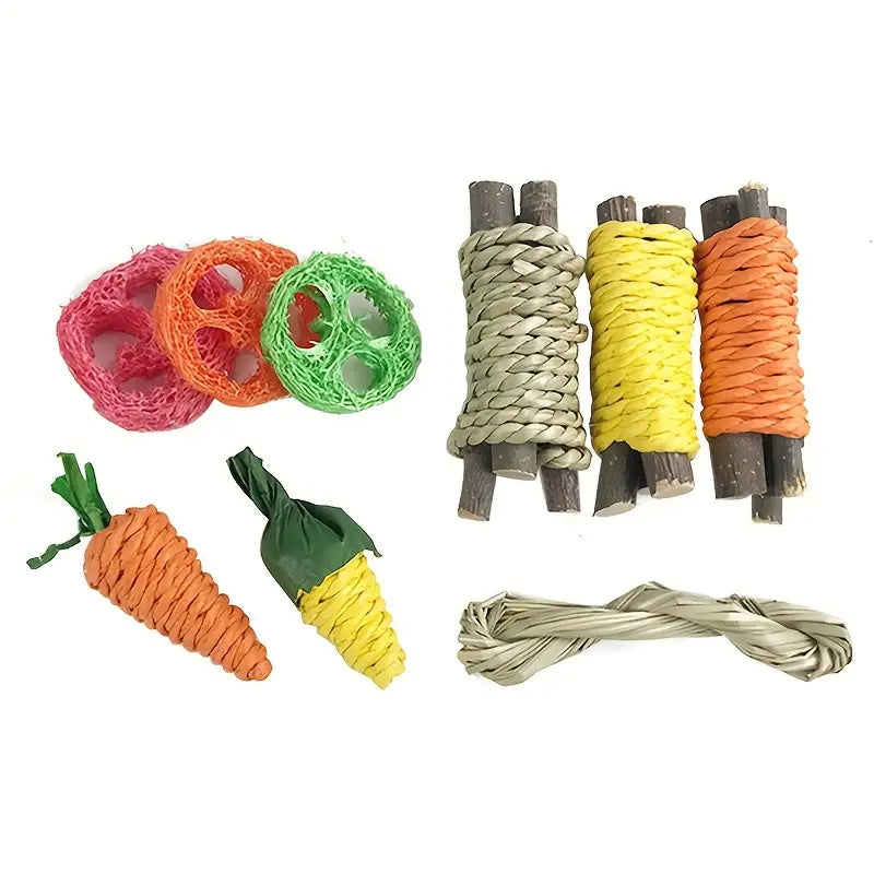 Small Animal Chew Toys: Rabbit, Bunny, Hamster, Chinchilla - Teeth Cleaning, Molar Toys - Carrots, Rings, Wood Bundles, Twisted Grass
