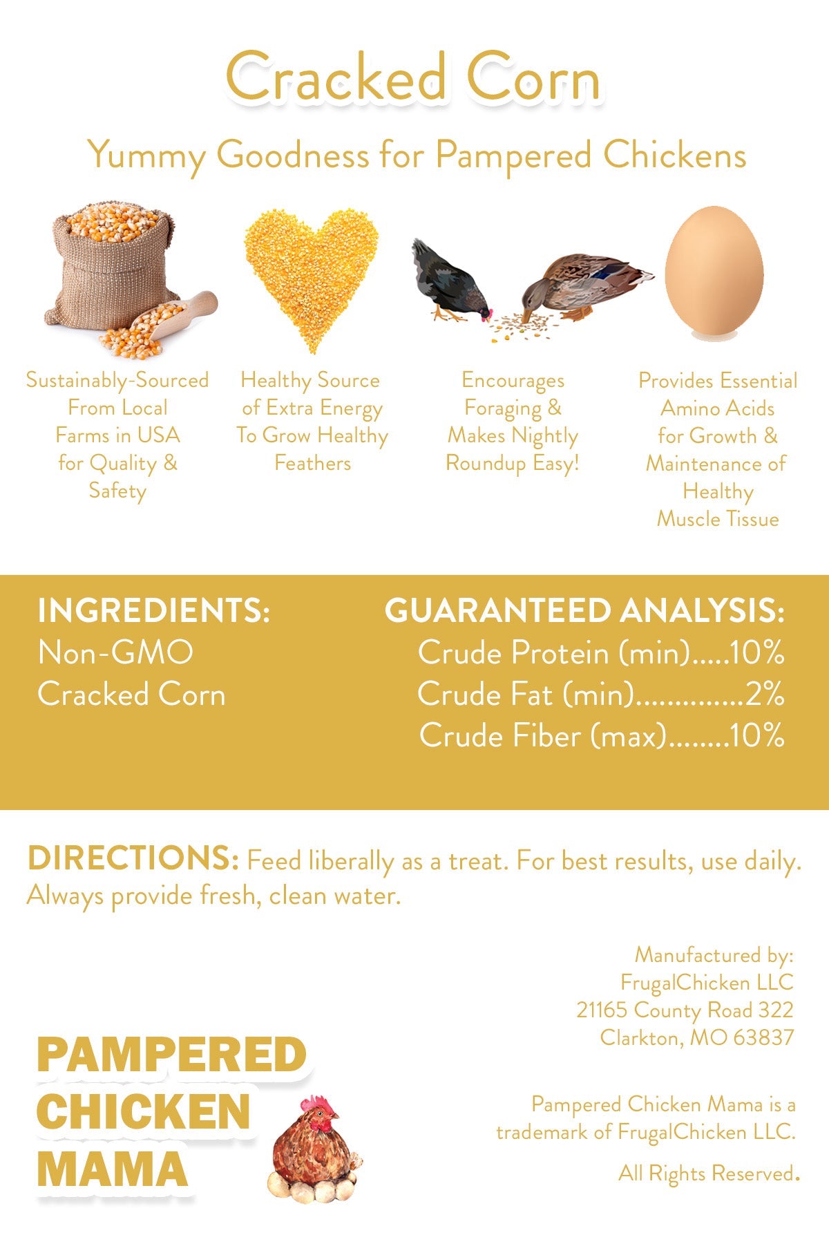 Cracked Corn for Chickens: Non-GMO, Sustainably Sourced, Pampered Chicken Mama. Healthy Treat for Extra Energy & Happy Hens!