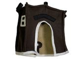 A cozy brown and white Avian Haven Hut for Pet Birds on a white background.