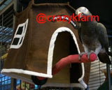 A cozy Avian Haven Hut for Pet Birds sitting on top of a bird house.