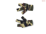 A pair of camouflage gloves and a Birdy Bootie on a white background.