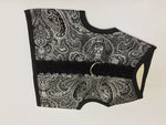 A black and white paisley Custom Boutique Kitty Holster Cat Harness (Made in USA) made from comfortable fabric.