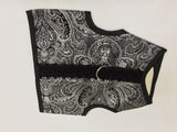A black and white paisley Custom Boutique Kitty Holster Cat Harness (Made in USA) made from comfortable fabric.