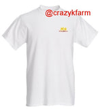 A white Crazy K Farm T-Shirt that says "crazy farm rescues animals".