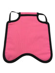 A pink Custom Handmade Hen Saver Hen Apron/Saddle (Made in USA) with black trim, designed for the discerning chicken owner seeking protection.
