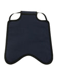 A custom handmade navy blue Hen Saver Hen Apron/Saddle with black straps, designed for chicken owner protection.
