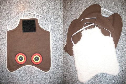 Two owl aprons, crafted as custom handmade Hen Saver Hen Aprons/Saddles (Made in USA), offer protection with eyes on them.