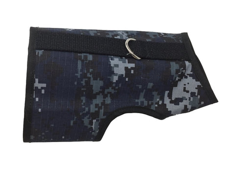 A blue camouflage Custom Kitty Holster Camo Harness (Made in USA) with a buckle.