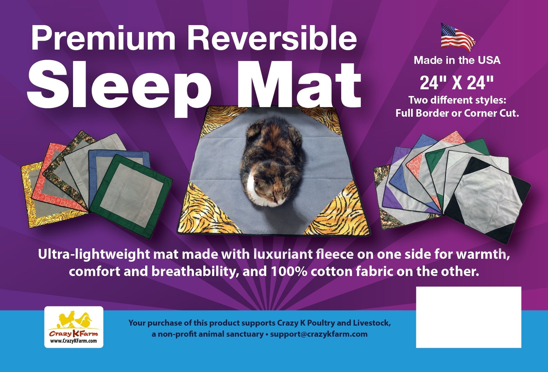 Premium Reversible Pet Sleep Mat 24" X 24" (Made in USA)